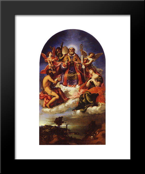 St. Nicholas In Glory With St. John The Baptist, St. Lucy And Below St. George Slaying The Dragon 20x24 Black Modern Wood Framed Art Print Poster by Lotto, Lorenzo