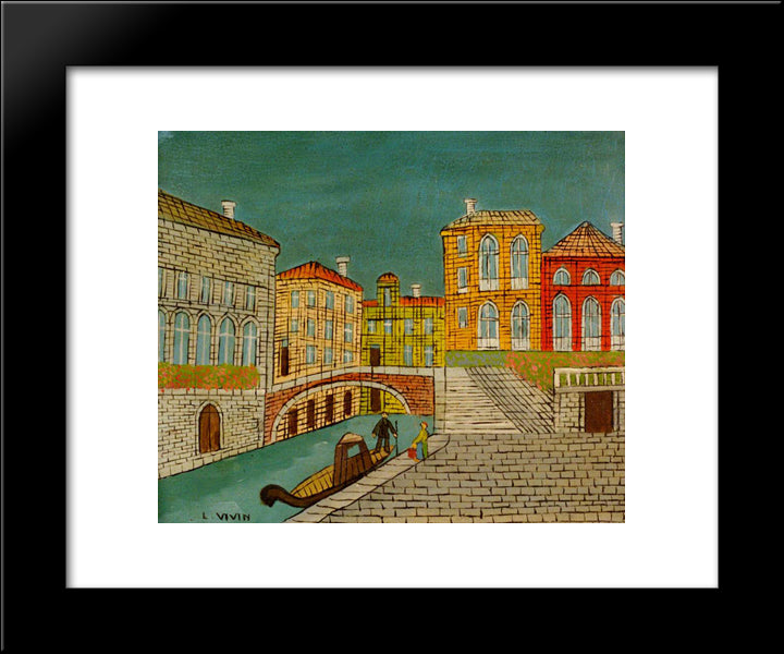 Venice Canal Scene With A Bridge 20x24 Black Modern Wood Framed Art Print Poster by Vivin, Louis