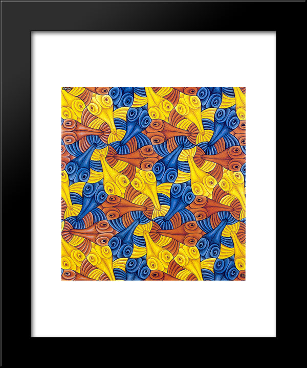 Symmetry Watercolor 55 Fish 20x24 Black Modern Wood Framed Art Print Poster by Escher, M.C.