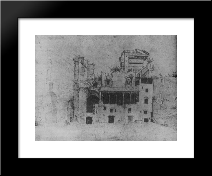 Early Palazzo Colonna With Remains Of The Ancient Temple Of Serapis 20x24 Black Modern Wood Framed Art Print Poster by van Heemskerck, Maerten