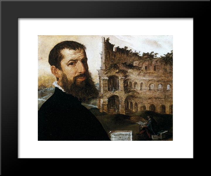 Self-Portrait Of The Painter With The Colosseum In The Background 20x24 Black Modern Wood Framed Art Print Poster by van Heemskerck, Maerten
