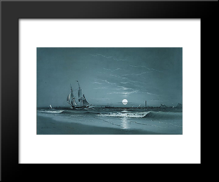 Entrance To Harbor, Moonlight 20x24 Black Modern Wood Framed Art Print Poster by Larson, Marcus