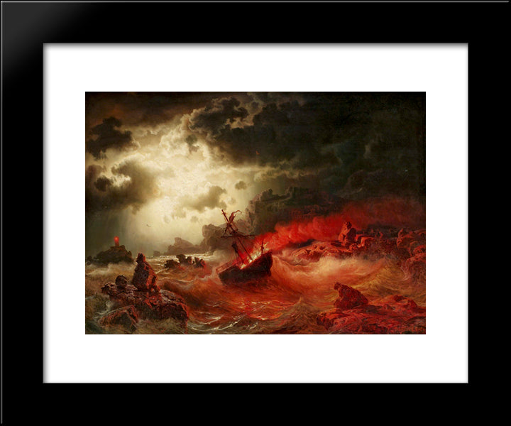 Nattlig Marin Med Brinnande Fartyg 20x24 Black Modern Wood Framed Art Print Poster by Larson, Marcus