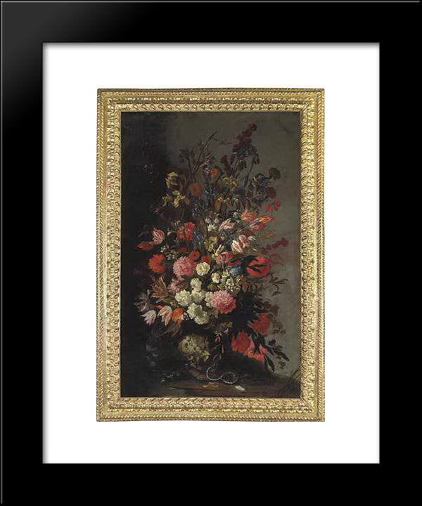 Tulips, Lilies, Irises And Other Flowers, In A Sculpted Urn, With A Snake And A Moth, On An Earthen Bank 20x24 Black Modern Wood Framed Art Print Poster by Nuzzi, Mario