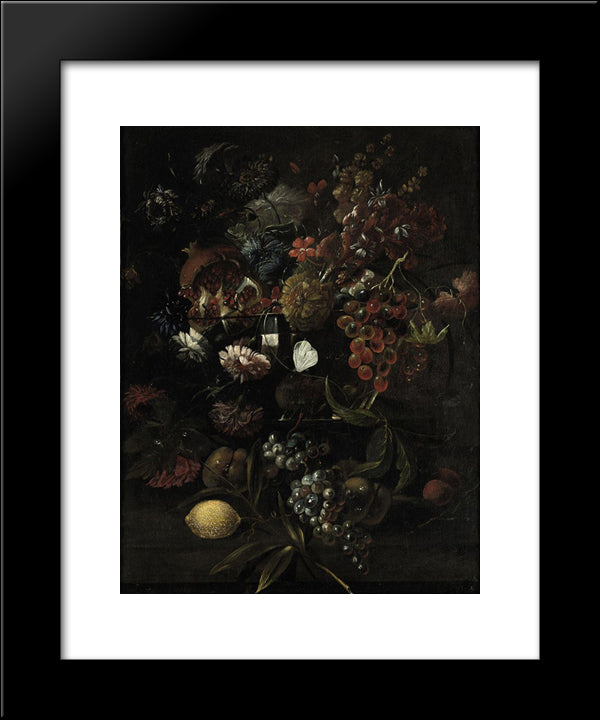 Various Flowers In A Glass Vase With Blue Grapes, Peaches And A Lemon, All On A Ledge 20x24 Black Modern Wood Framed Art Print Poster by Nuzzi, Mario