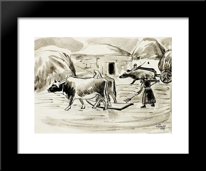 Threshing Grain 20x24 Black Modern Wood Framed Art Print Poster by Saryan, Martiros