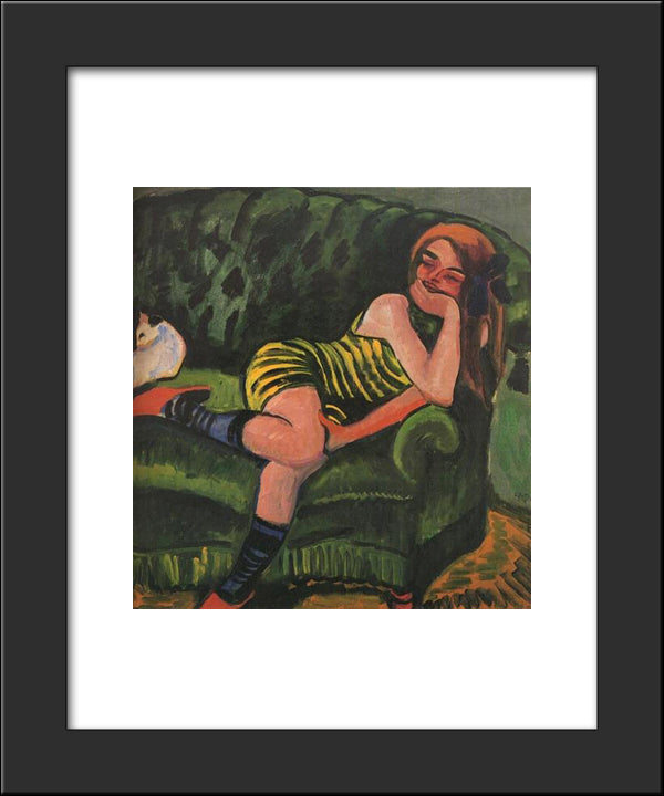 Girl On A Green Sofa With A Cat 20x24 Black Modern Wood Framed Art Print Poster by Pechstein, Max
