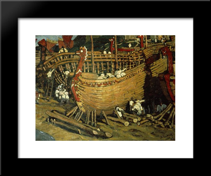 Building The Ships 20x24 Black Modern Wood Framed Art Print Poster by Roerich, Nicholas