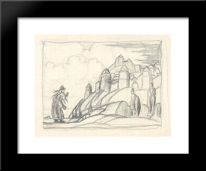 Sketch With Woman In Front Of City Walls 20x24 Black Modern Wood Framed Art Print Poster by Roerich, Nicholas