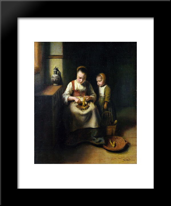 A Woman Scraping Parsnips, With A Child Standing By Her 20x24 Black Modern Wood Framed Art Print Poster by Maes, Nicolaes