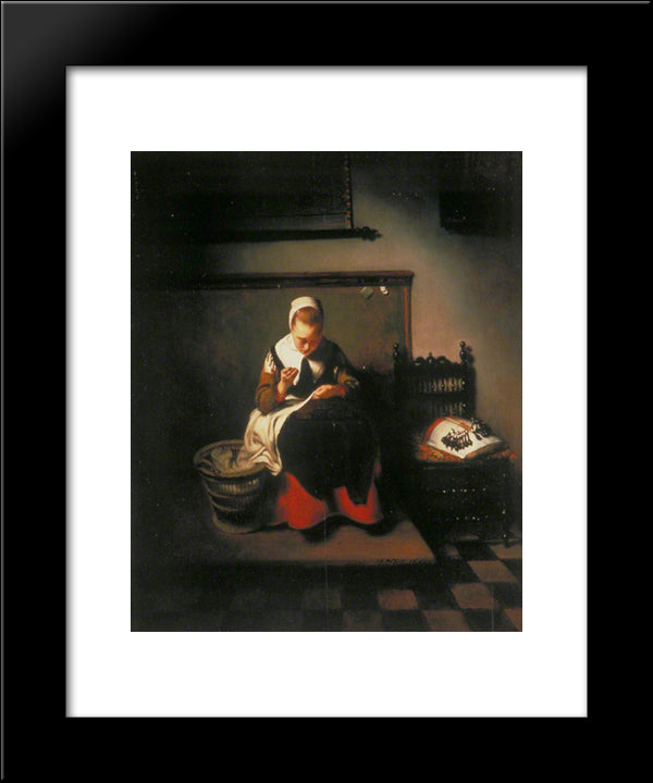 A Young Woman Sewing 20x24 Black Modern Wood Framed Art Print Poster by Maes, Nicolaes