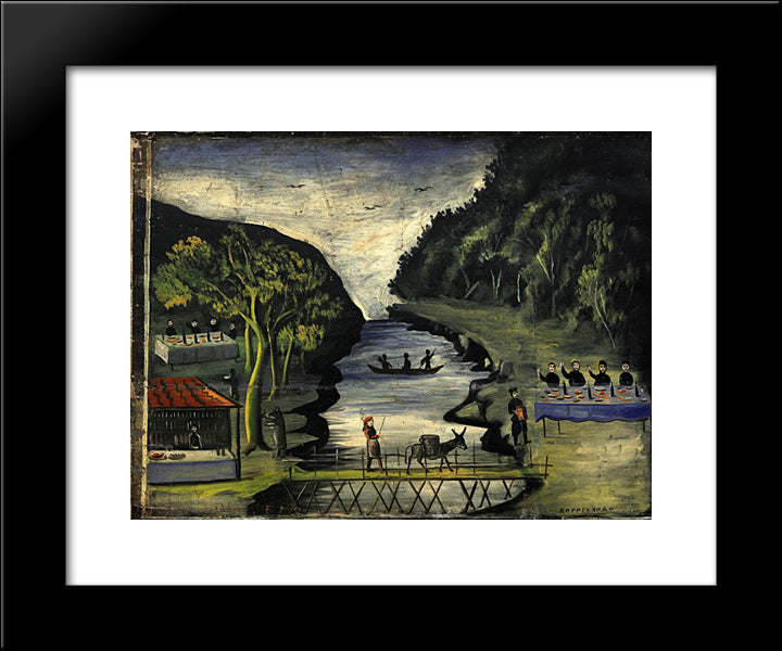 Donkey Bridge (Part Of Tapestry In Six Paintings) 20x24 Black Modern Wood Framed Art Print Poster by Pirosmani, Niko