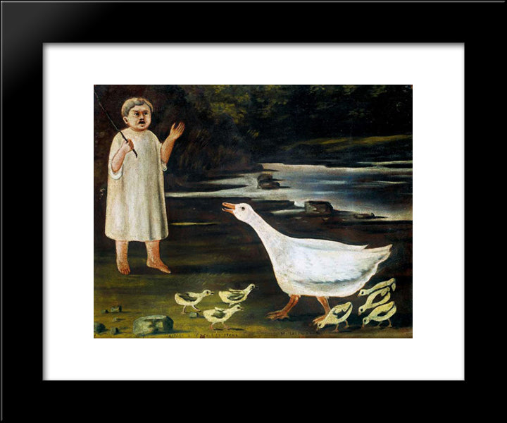 Girl Grazing A Goose With Goslings 20x24 Black Modern Wood Framed Art Print Poster by Pirosmani, Niko