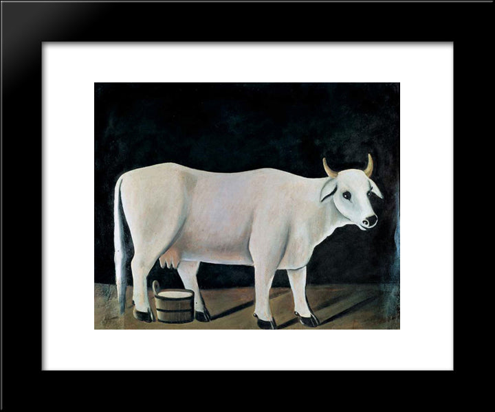 White Cow On A Black Background 20x24 Black Modern Wood Framed Art Print Poster by Pirosmani, Niko
