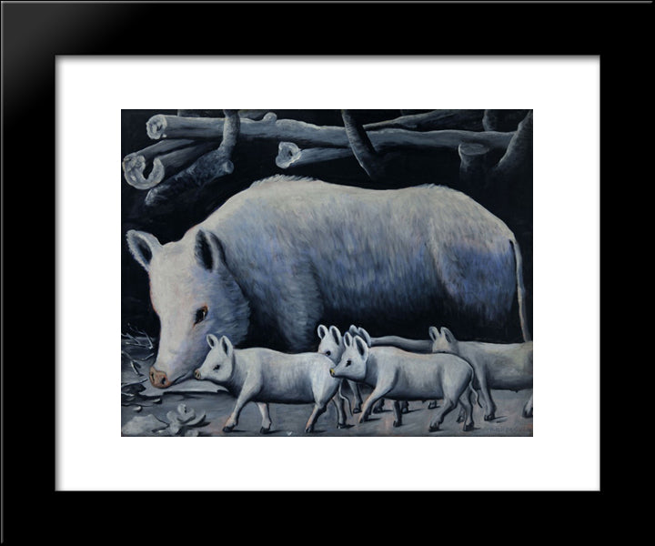 White Sow With Piglets 20x24 Black Modern Wood Framed Art Print Poster by Pirosmani, Niko