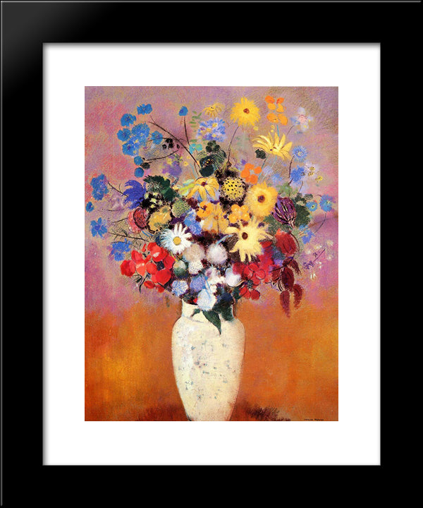 White Vase With Flowers 20x24 Black Modern Wood Framed Art Print Poster by Redon, Odilon
