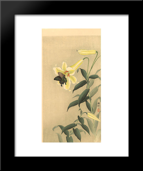 Butterfly And Lily 20x24 Black Modern Wood Framed Art Print Poster by Koson, Ohara