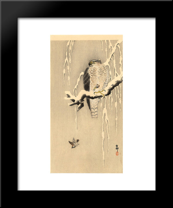 Goshawk On Snowy Branch 20x24 Black Modern Wood Framed Art Print Poster by Koson, Ohara