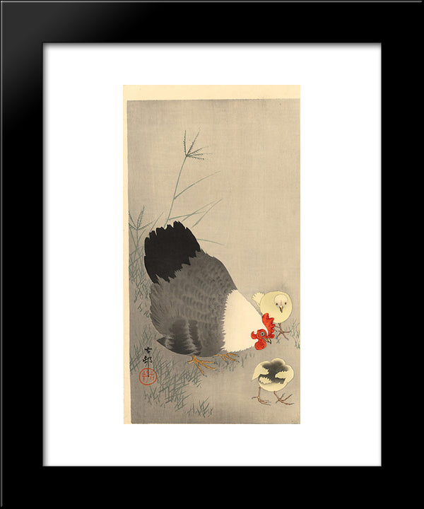Hen And Two Chicks In Grass 20x24 Black Modern Wood Framed Art Print Poster by Koson, Ohara