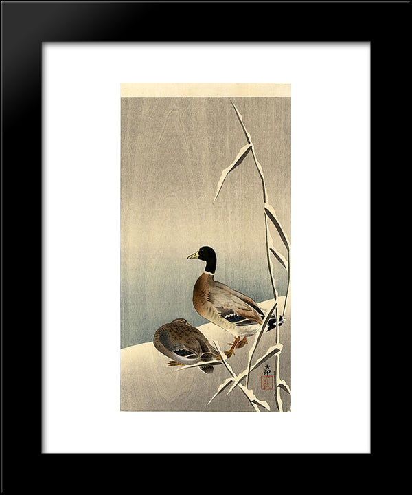 Mallards In Snow 20x24 Black Modern Wood Framed Art Print Poster by Koson, Ohara