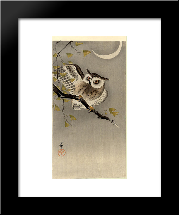 Owl On Ginkgo Branch (Scops Owl Under Crescent Moon) 20x24 Black Modern Wood Framed Art Print Poster by Koson, Ohara