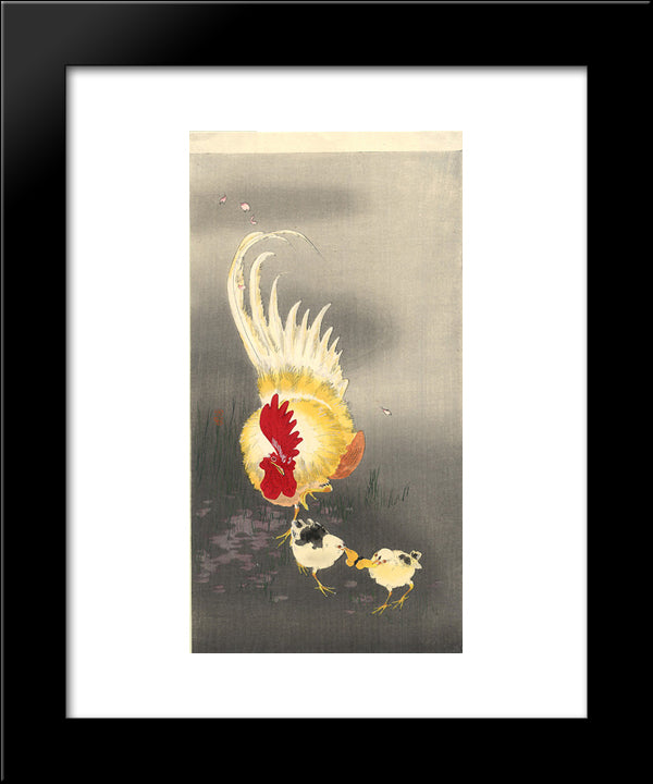 Rooster And Chicks 20x24 Black Modern Wood Framed Art Print Poster by Koson, Ohara