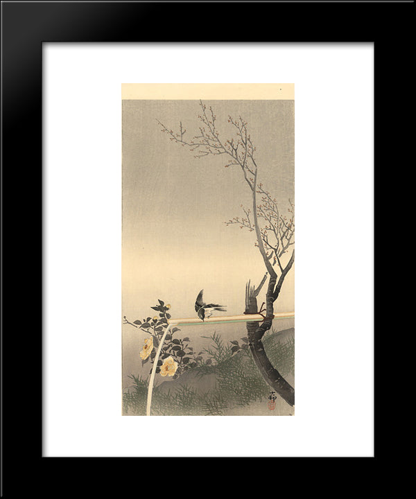 Stonechat 20x24 Black Modern Wood Framed Art Print Poster by Koson, Ohara