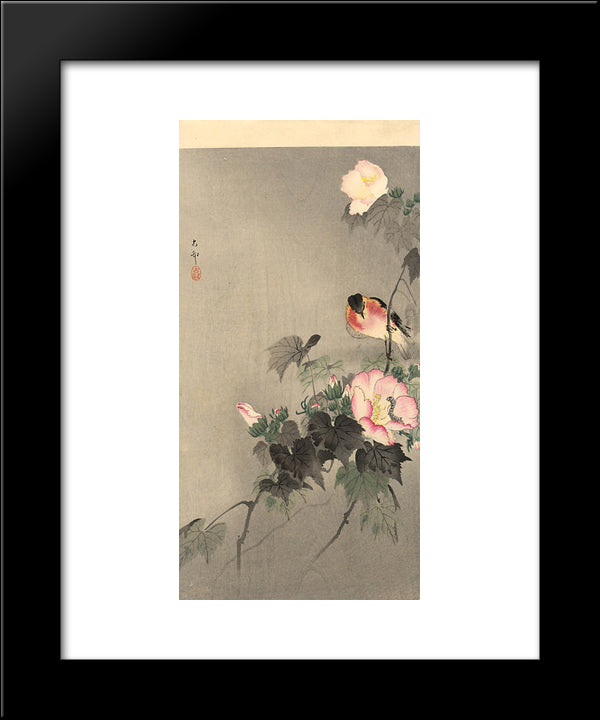 Stonechat And Blossoming Flower 20x24 Black Modern Wood Framed Art Print Poster by Koson, Ohara
