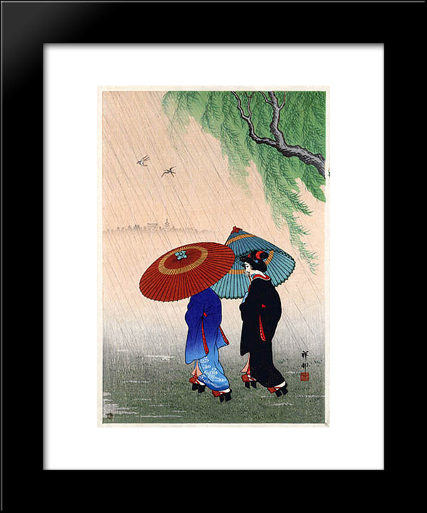 Two Beauties In Rain 20x24 Black Modern Wood Framed Art Print Poster by Koson, Ohara