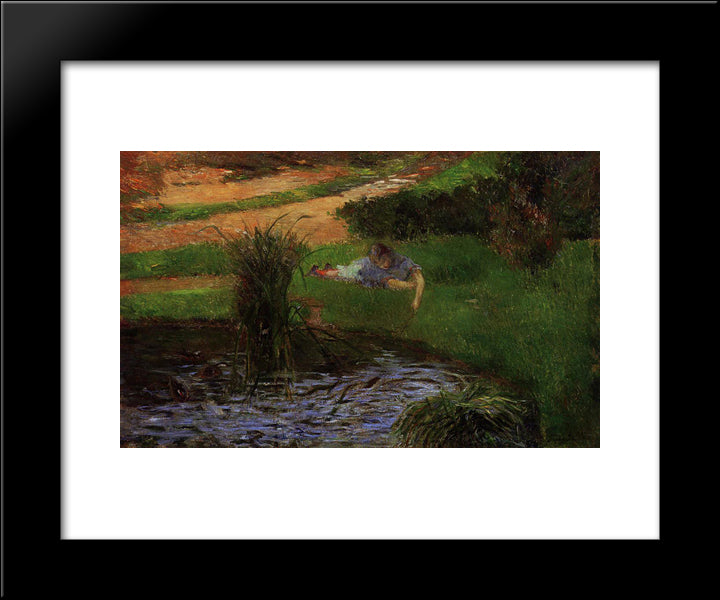 Pond With Ducks (Girl Amusing Herself) 20x24 Black Modern Wood Framed Art Print Poster by Gauguin, Paul
