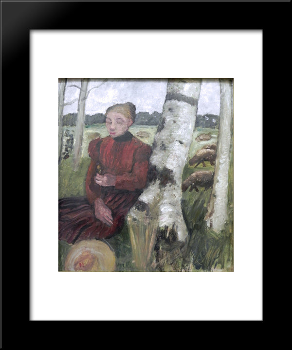 Girls At The Birch Tree And Flock Of Sheep In The Background 20x24 Black Modern Wood Framed Art Print Poster by Modersohn Becker, Paula