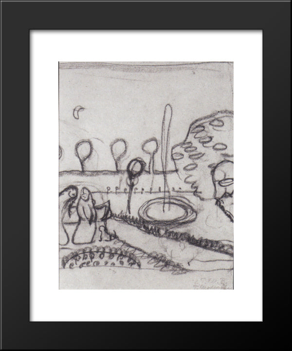 Two Women In The Garden With Fountain 20x24 Black Modern Wood Framed Art Print Poster by Modersohn Becker, Paula