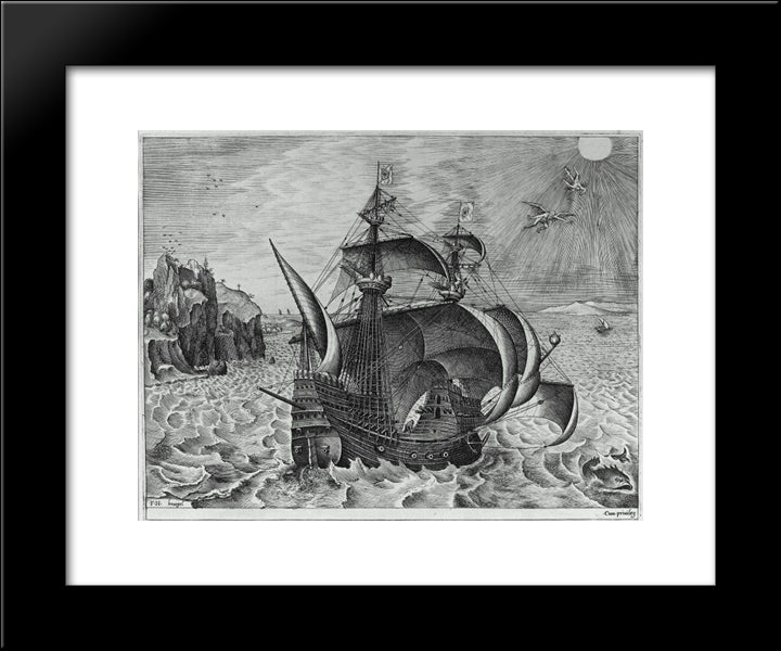 Armed Three Master With Daedalus And Icarus In The Sky 20x24 Black Modern Wood Framed Art Print Poster by Bruegel the Elder, Pieter