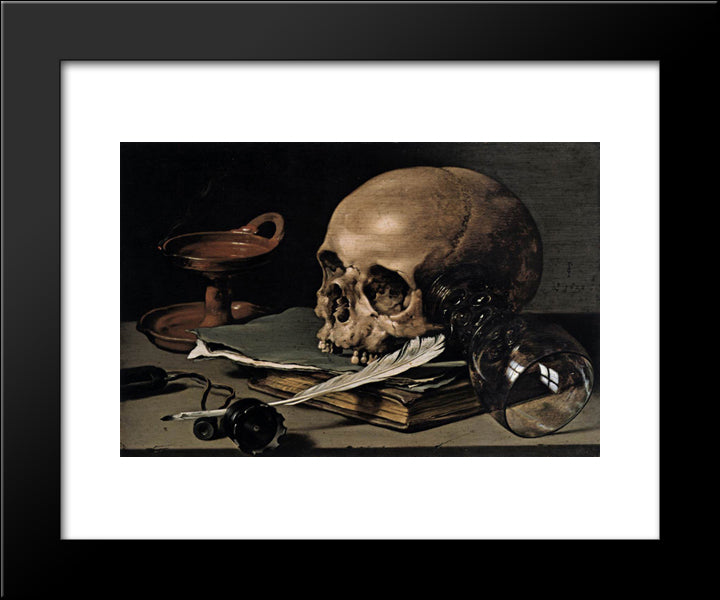 Still Life. Skull And Writing Quill 20x24 Black Modern Wood Framed Art Print Poster by Claesz, Pieter