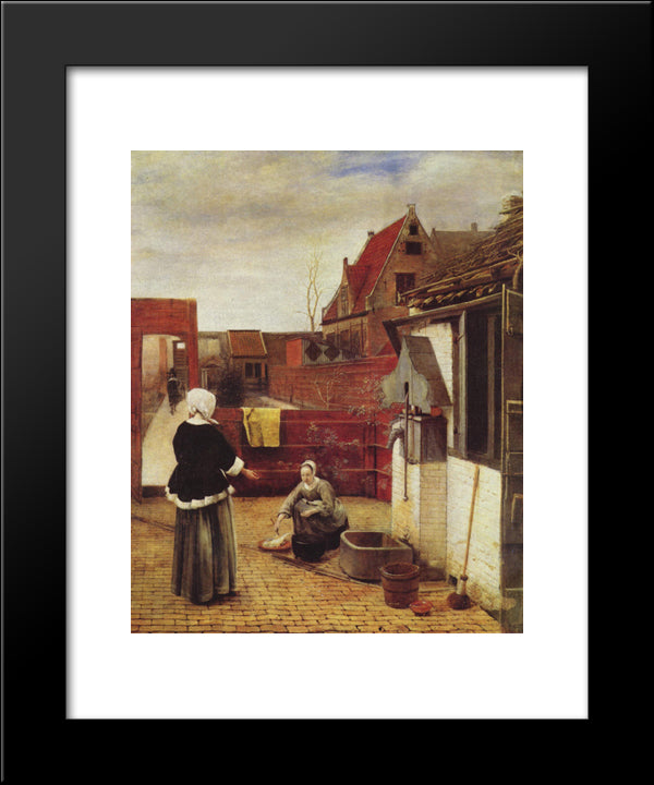 A Woman And A Maid In A Courtyard 20x24 Black Modern Wood Framed Art Print Poster by Hooch, Pieter de