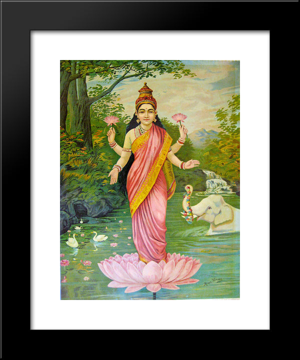 Lakshmi, The Goddess Of Wealth 20x24 Black Modern Wood Framed Art Print Poster by Ravi Varma, Raja