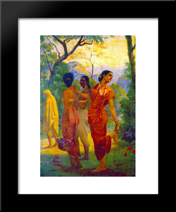 Shakuntala Looking Back To Glimpse Dushyanta 20x24 Black Modern Wood Framed Art Print Poster by Ravi Varma, Raja