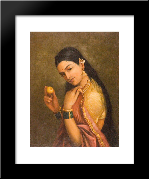 Woman Holding A Fruit 20x24 Black Modern Wood Framed Art Print Poster by Ravi Varma, Raja