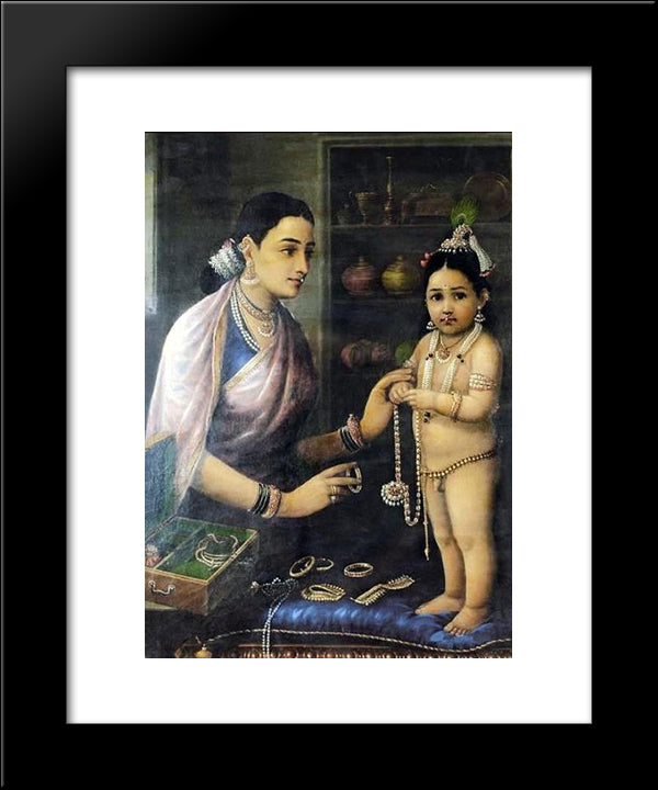 Yasoda Adorning Krishna 20x24 Black Modern Wood Framed Art Print Poster by Ravi Varma, Raja