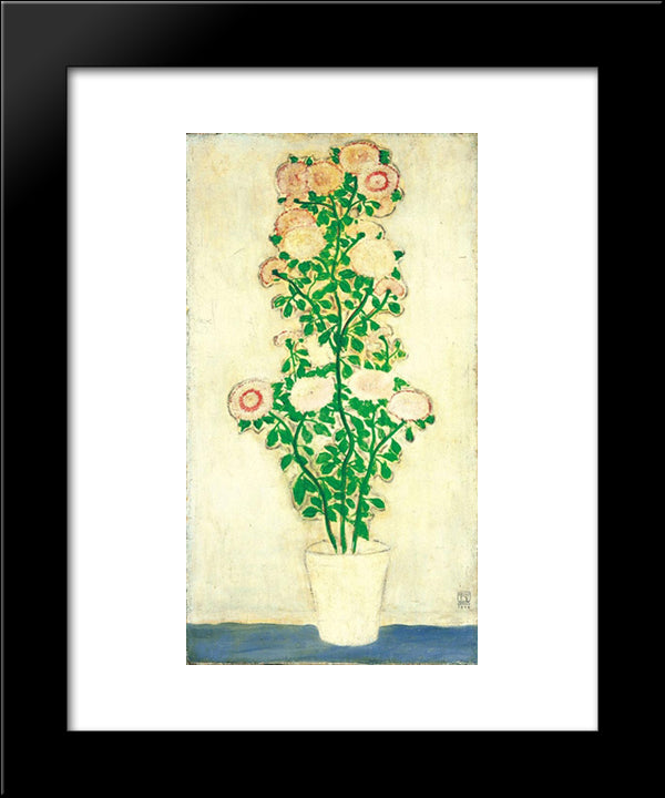 Chrysanthemums With Green Leaves 20x24 Black Modern Wood Framed Art Print Poster by Sanyu