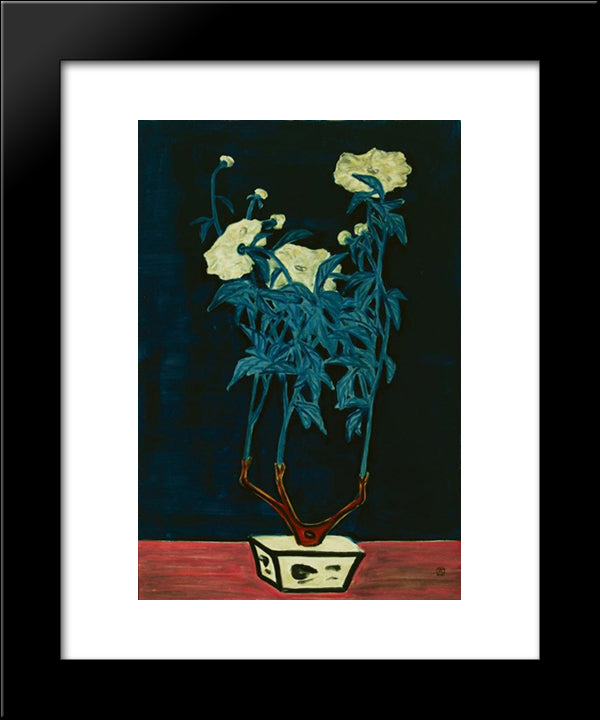 Potted Flowers In A Blue And White Jardiniere 20x24 Black Modern Wood Framed Art Print Poster by Sanyu