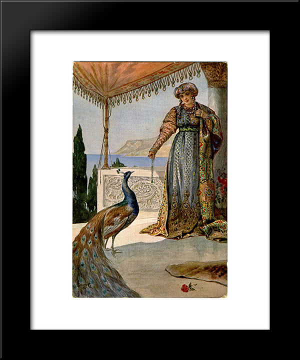 Lady With Peacock 20x24 Black Modern Wood Framed Art Print Poster by Solomko, Sergey