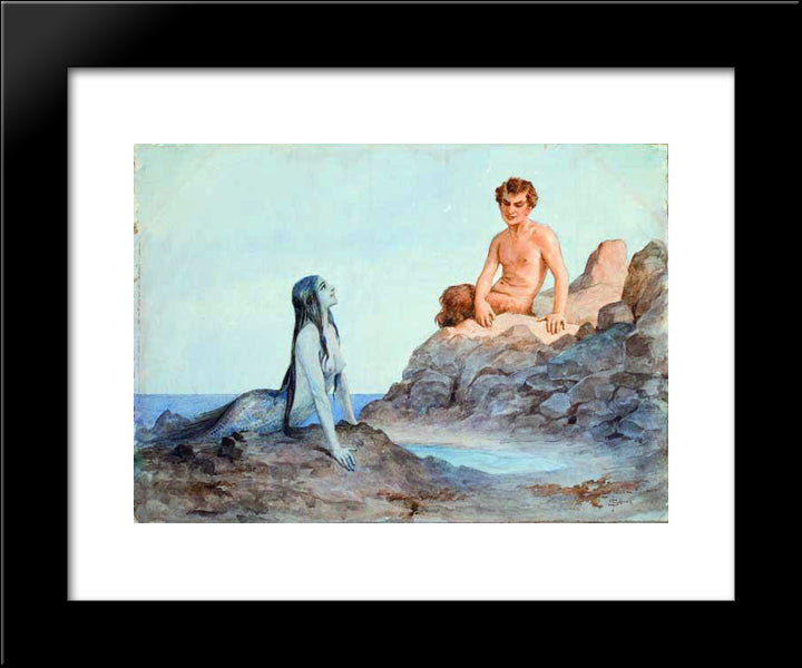 Mermaid And Faun 20x24 Black Modern Wood Framed Art Print Poster by Solomko, Sergey