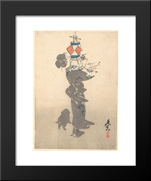 Lighting A Hanging Lantern For The Obon Festival 20x24 Black Modern Wood Framed Art Print Poster by Zeshin, Shibata