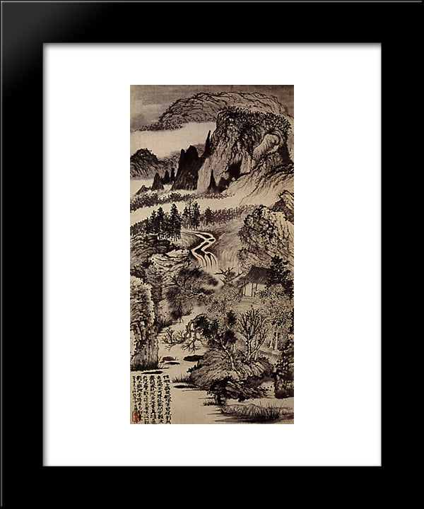 Jinting Mountains In Autumn 20x24 Black Modern Wood Framed Art Print Poster by Shitao