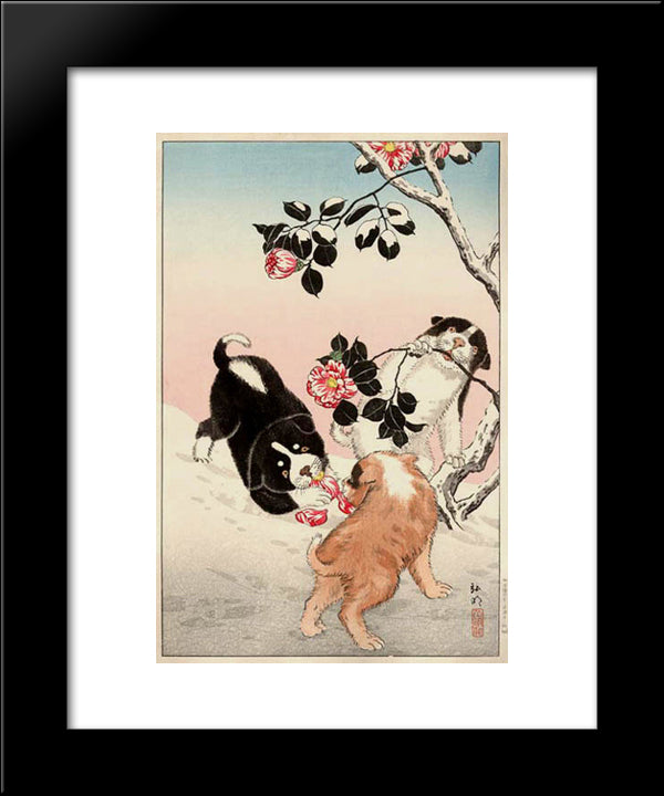 Camellia And Puppies In Snow 20x24 Black Modern Wood Framed Art Print Poster by Takahashi, Shotei