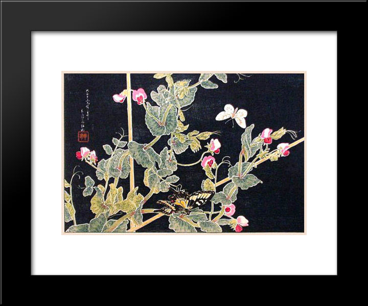 Sweetpeas And Butterflies 20x24 Black Modern Wood Framed Art Print Poster by Takahashi, Shotei