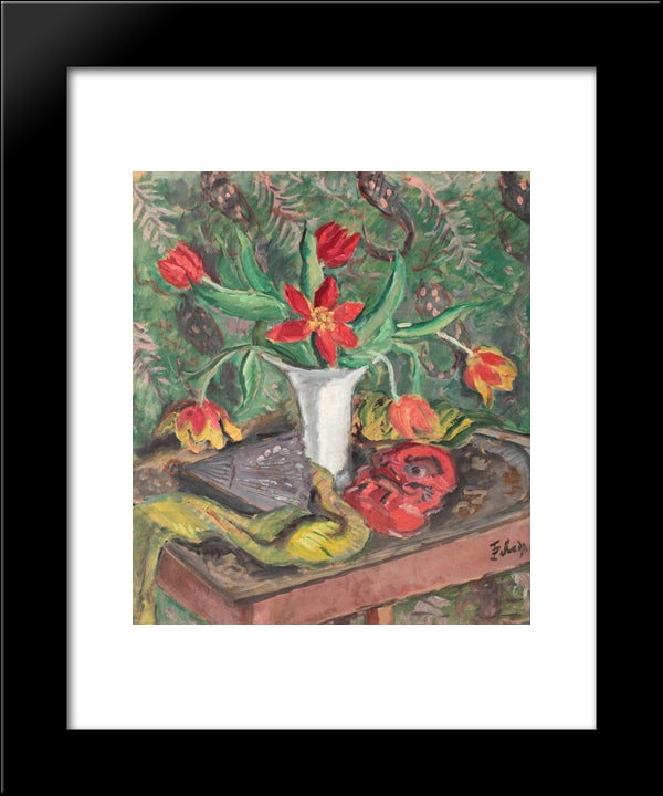 Still Life With Lilies, Fan And Red Mask 20x24 Black Modern Wood Framed Art Print Poster by Pallady, Theodor