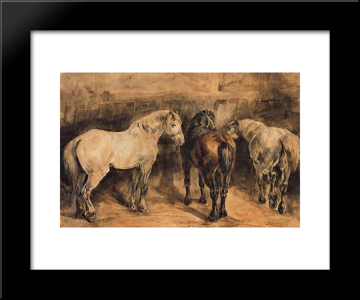 Three Horses In Their Stable 20x24 Black Modern Wood Framed Art Print Poster by Gericault, Theodore