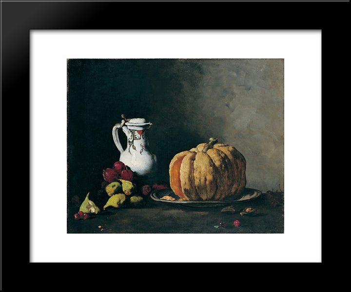 Still Life With Pumpkin, Plums, Cherries, Figs And Jug 20x24 Black Modern Wood Framed Art Print Poster by Ribot, Theodule